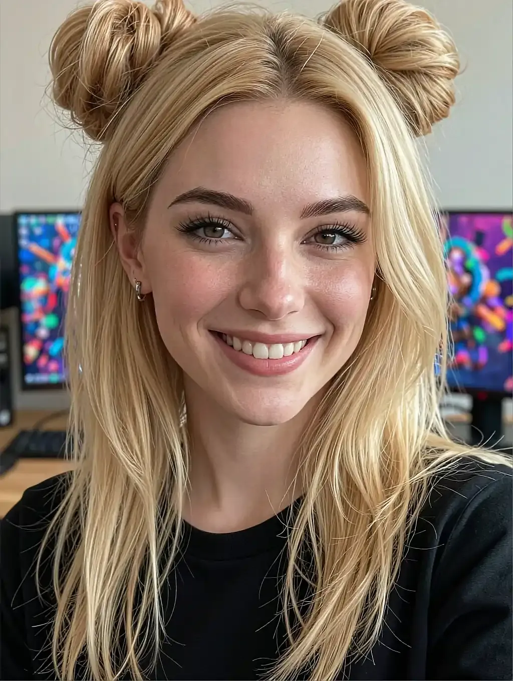 Fictional AI character with blonde space buns grinning in a black sweater, monitors glowing behind her