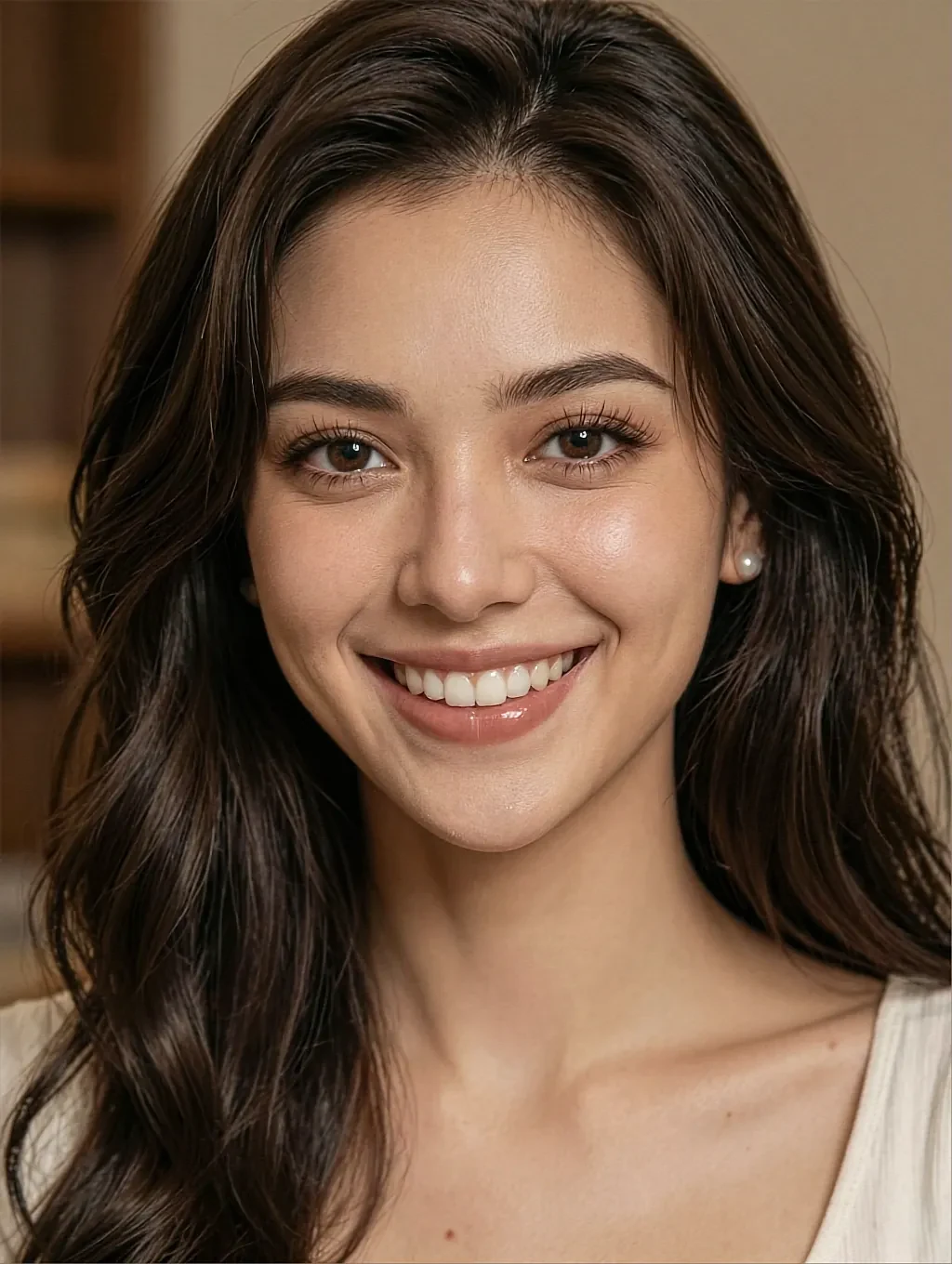 Fictional AI character with dark hair smiling broadly in a white top in soft daylight