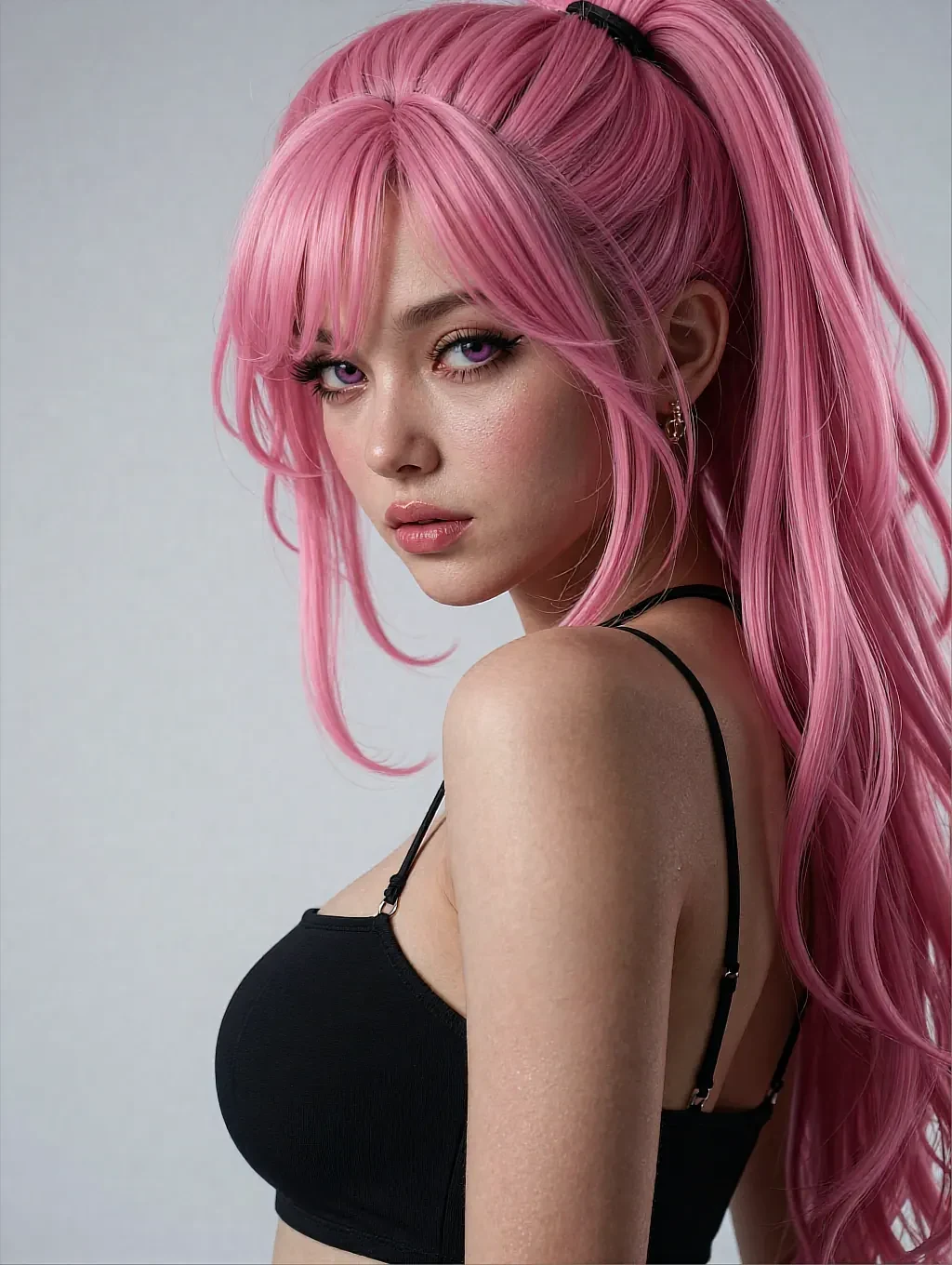 Fictional AI character with a long pink ponytail in a black bralette, seen from the side against a pale wall